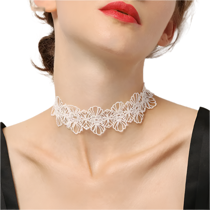 White lace choker with pearl accents and tassel details - perfect for alternative resort brides and theme nights