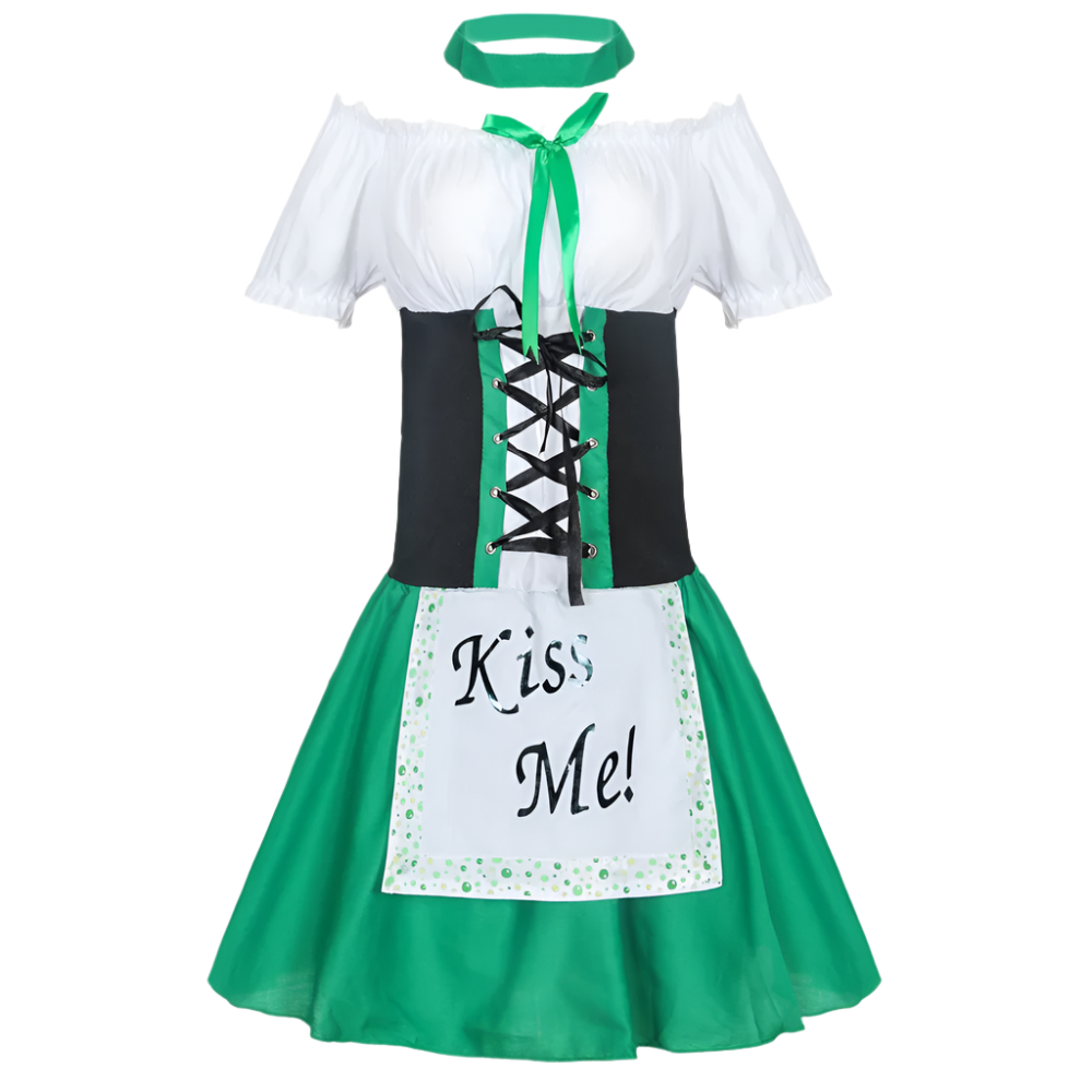 Green St. Patrick's Day Costume: A festive costume featuring a green dress with a white blouse, black corset, and apron with "Kiss Me!" text, paired with polka dot stockings.

