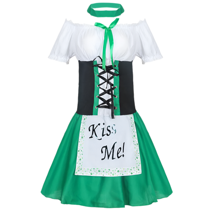 Green St. Patrick's Day Costume: A festive costume featuring a green dress with a white blouse, black corset, and apron with "Kiss Me!" text, paired with polka dot stockings.

