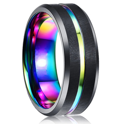 Close-up of the black tungsten ring, highlighting the intricate brick pattern and polished beveled edges.