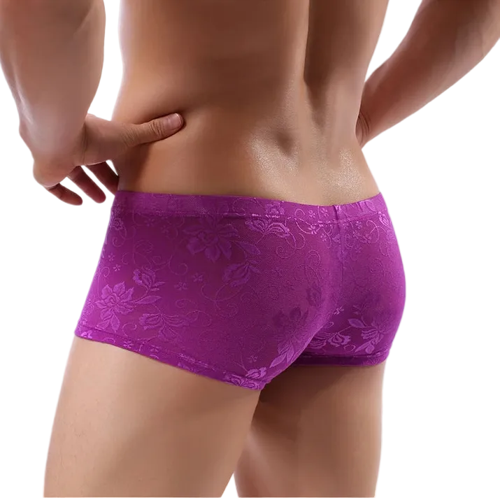 Purple lace underwear worn by a person on a white background