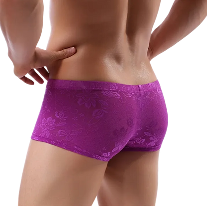 Purple lace underwear worn by a person on a white background