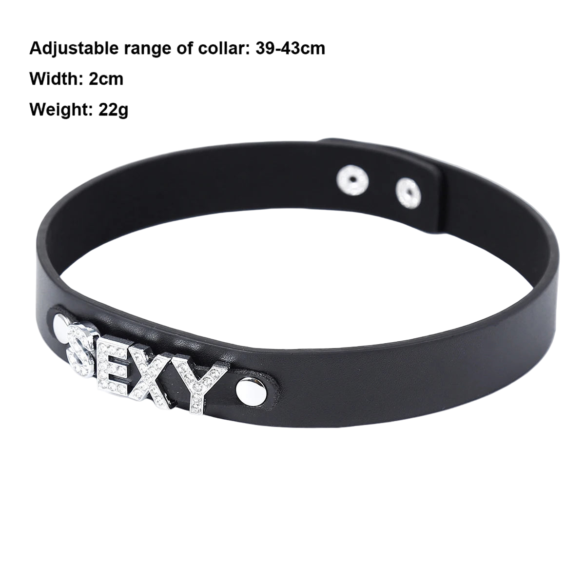 Black choker with 'SEXY' in silver letters on a white background