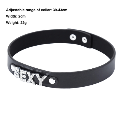 Black choker with 'SEXY' in silver letters on a white background