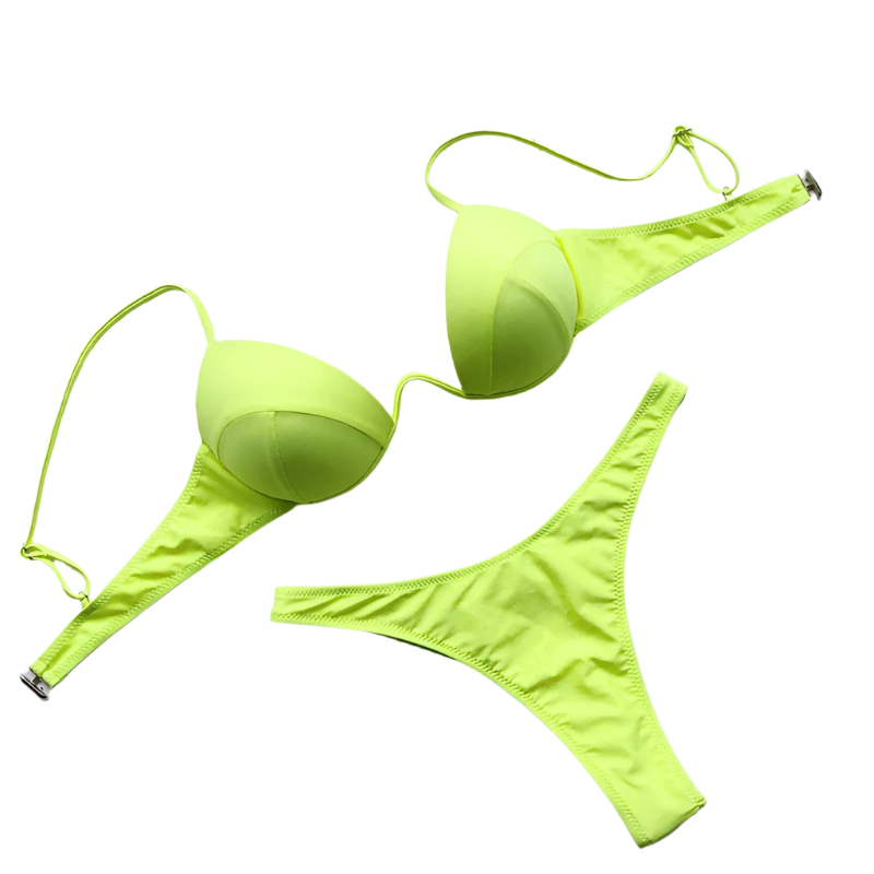 A  bikini with a structured top and matching bottoms. The vibrant color is bold and eye-catching, perfect for standing out.