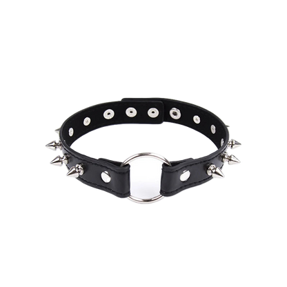 Black leather choker with studs and spikes on a white background