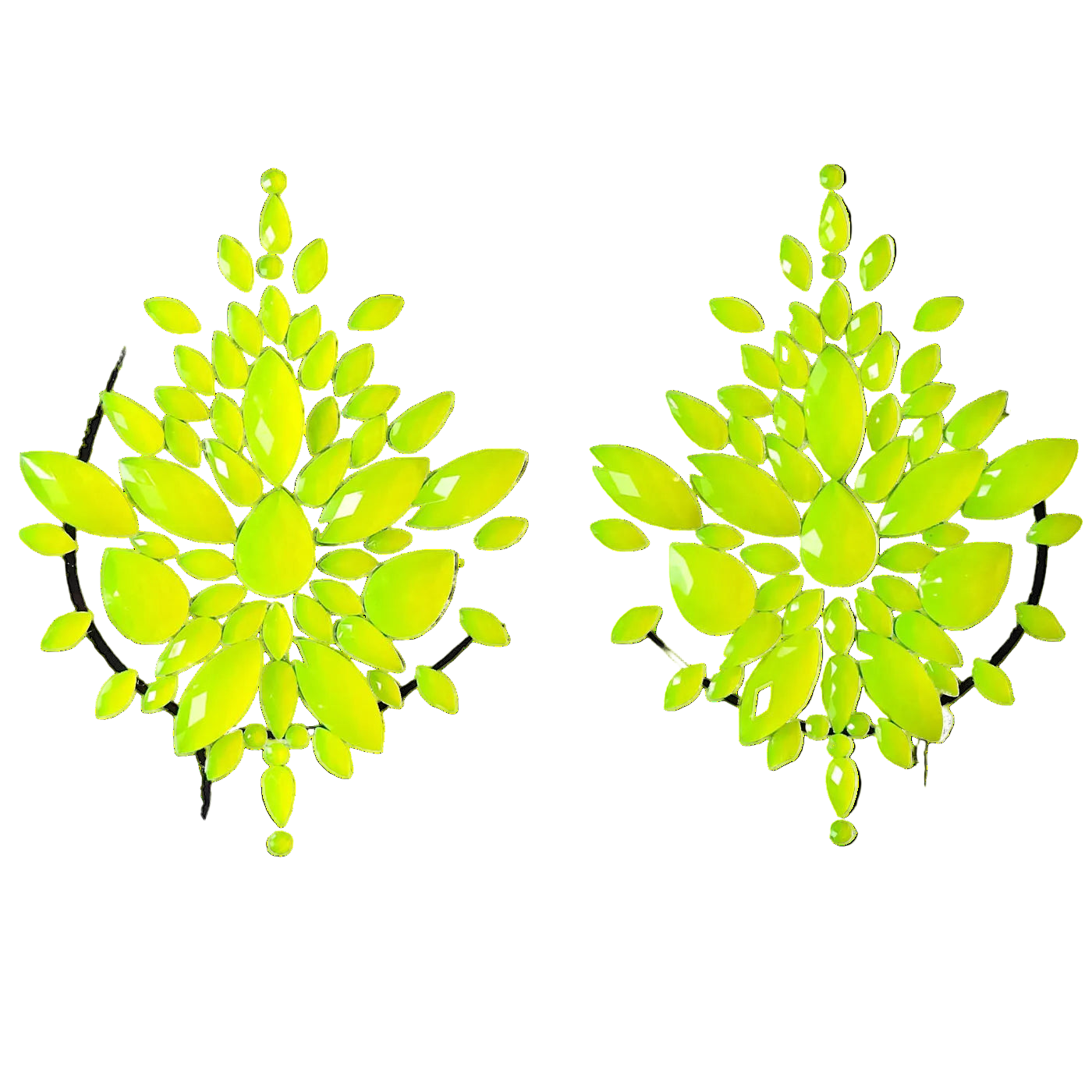 Pair of neon green floral hoop earrings on a white background
