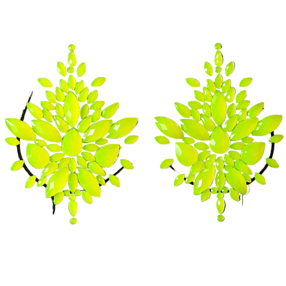 Pair of neon green floral hoop earrings on a white background
