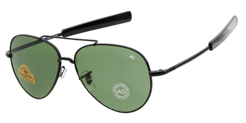 A pair of aviator-style sunglasses with a black metal frame and green lenses, shown on a white background with text reading 'C3 BLACK FRAME & GREEN LENS'.