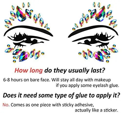 Eyelash extensions with colorful gems and text about longevity and application.
