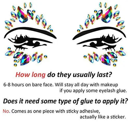 Eyelash extensions with colorful gems and text about longevity and application.