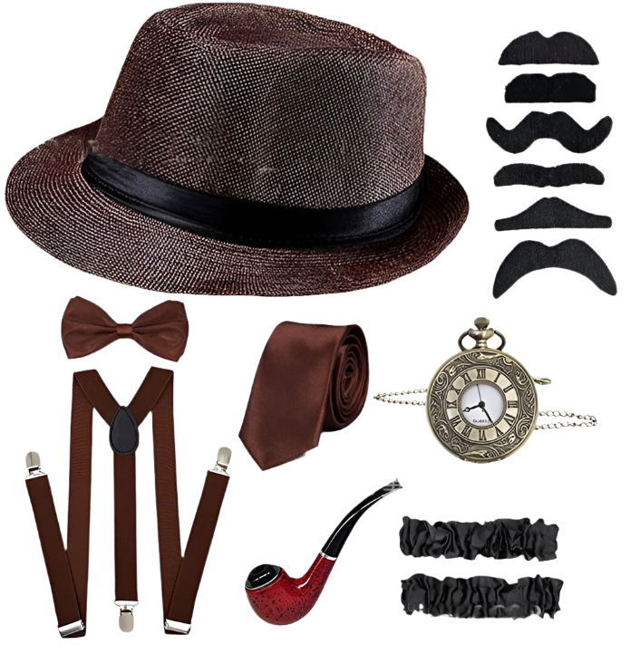 5-piece men's Gatsby accessories set featuring Fedora hat, suspenders, armbands and bow tie for resort theme nights

