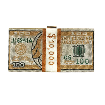 Designer handbag shaped like a $100 bill on a white background