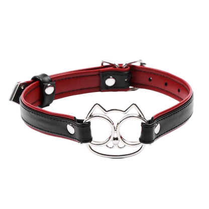 Black and red leather choker with metal clasp on a white background