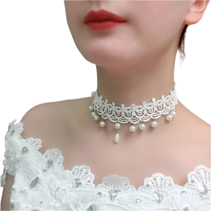 White lace choker with pearl accents and tassel details - perfect for alternative resort brides and theme nights