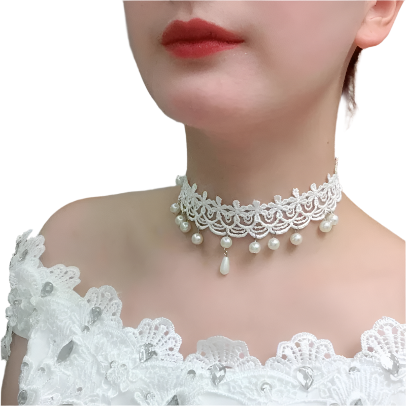 White lace choker with pearl accents and tassel details - perfect for alternative resort brides and theme nights