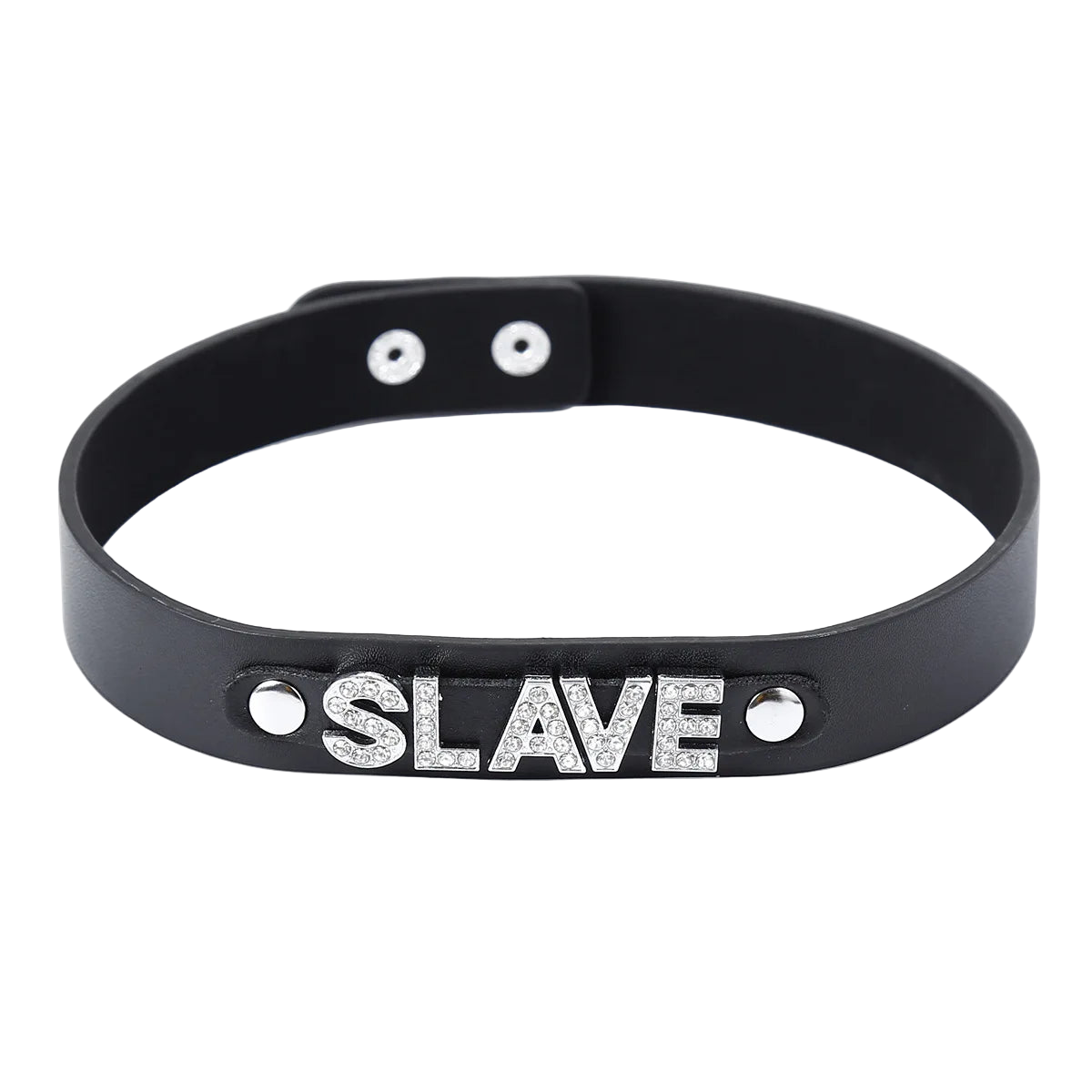 Black choker with 'SLAVE' engraving on a white background