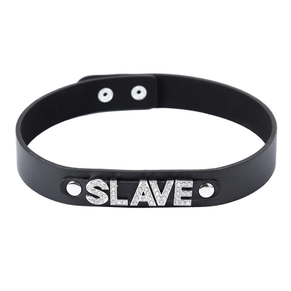 Black choker with 'SLAVE' engraving on a white background