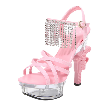 Platform glitter sandals with glowing crystal and pistol heel design featuring 14cm cross-tied high heels in plus size 43 perfect for resort glamour and shimmer styling
