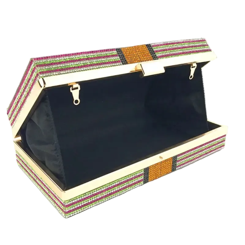 Open jewelry box with colorful striped lid on a white background