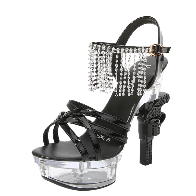 Platform glitter sandals with glowing crystal and pistol heel design featuring 14cm cross-tied high heels in plus size 43 perfect for resort glamour and shimmer styling
