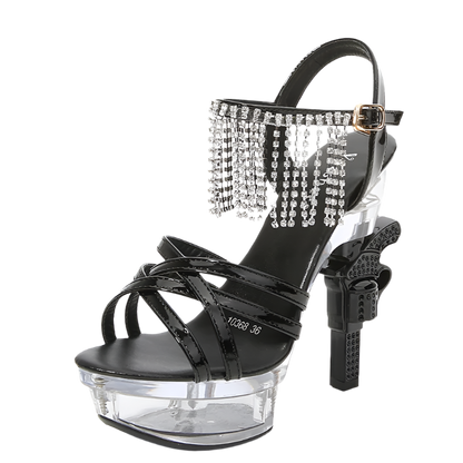 Platform glitter sandals with glowing crystal and pistol heel design featuring 14cm cross-tied high heels in plus size 43 perfect for resort glamour and shimmer styling
