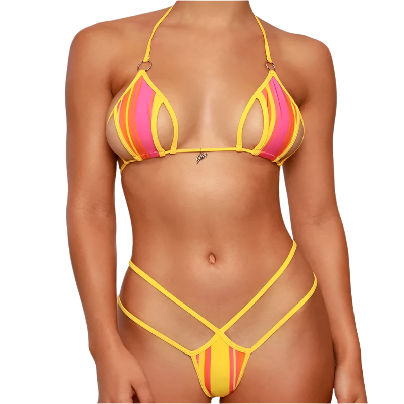 pink and yellow bikini with strappy design.