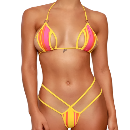 pink and yellow bikini with strappy design.