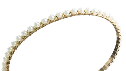 Elegant sunflower pearl hairband with vintage chain accents - perfect for resort day-to-night styling