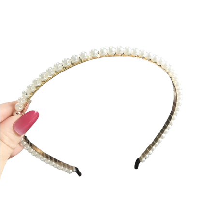 Elegant sunflower pearl hairband with vintage chain accents - perfect for resort day-to-night styling