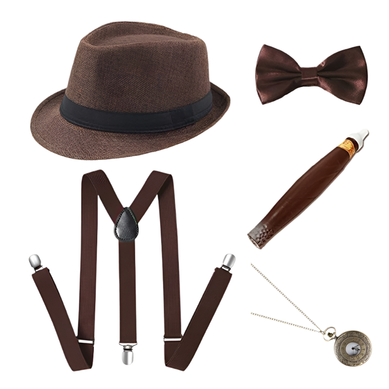 Men's Roaring 20s Gatsby accessories set with retro gangster style for resort theme nights

