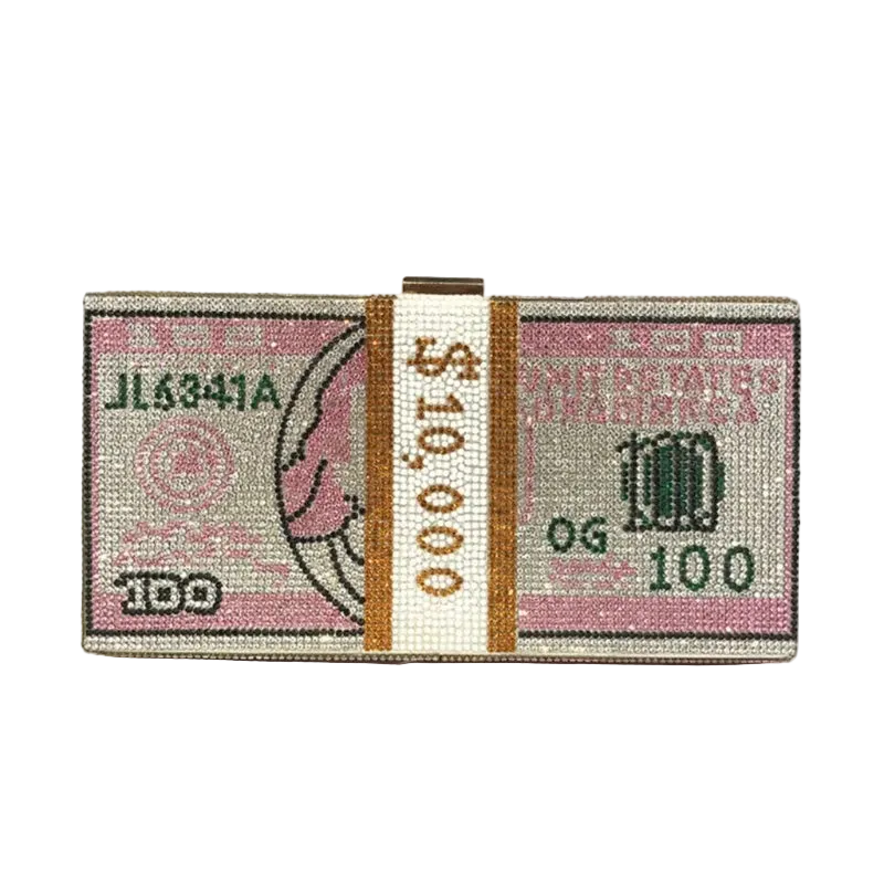 Clutch purse designed like a Japanese yen bill on a white background