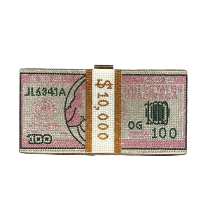 Clutch purse designed like a Japanese yen bill on a white background