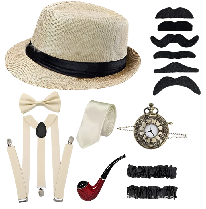 5-piece men's Gatsby accessories set featuring Fedora hat, suspenders, armbands and bow tie for resort theme nights

