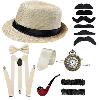 5-piece men's Gatsby accessories set featuring Fedora hat, suspenders, armbands and bow tie for resort theme nights

