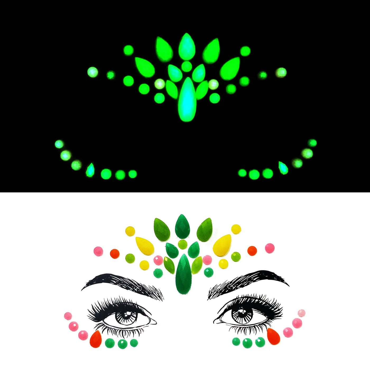 Glowing green face paint design on a black background with a colorful face paint design on a white background.