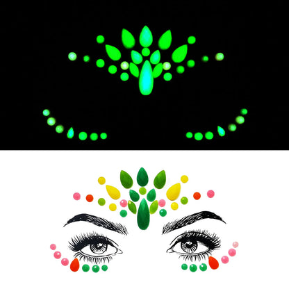 Glowing green face paint design on a black background with a colorful face paint design on a white background.
