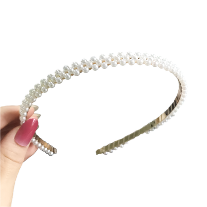 Elegant sunflower pearl hairband with vintage chain accents - perfect for resort day-to-night styling