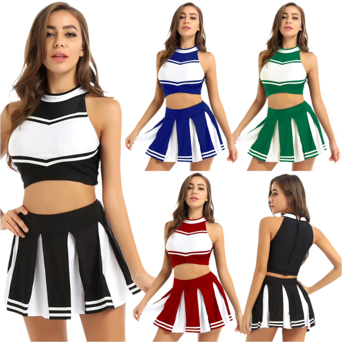 Womens Cheerleader Uniform Sleeveless Crop Top Mini Pleated Skirt