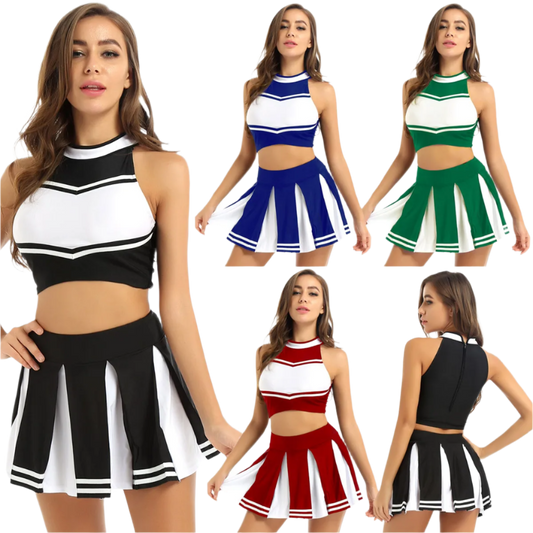 Womens Cheerleader Uniform Sleeveless Crop Top Mini Pleated Skirt