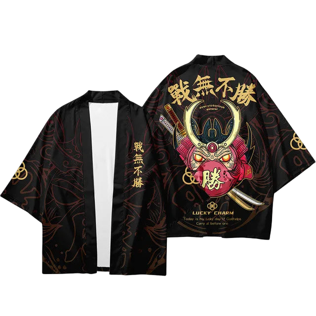 Black kimono-style jacket with Japanese text and design on a white background