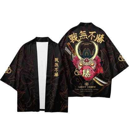 Black kimono-style jacket with Japanese text and design on a white background
