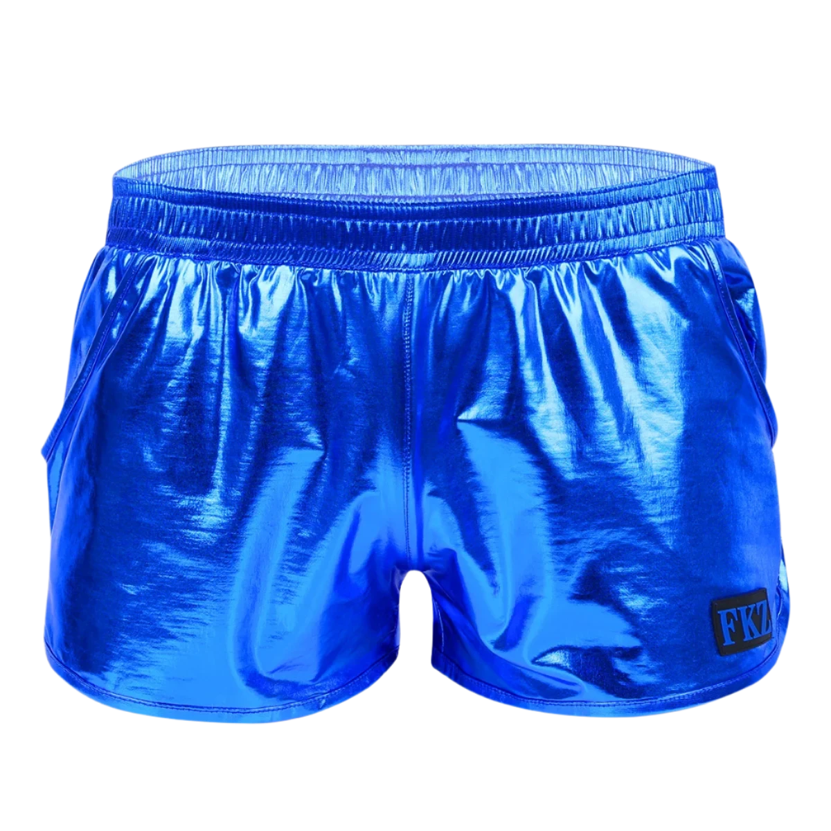 Shiny, reflective shorts with an elastic waistband and a small logo patch, offering a futuristic look.