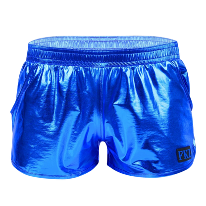 Shiny, reflective shorts with an elastic waistband and a small logo patch, offering a futuristic look.