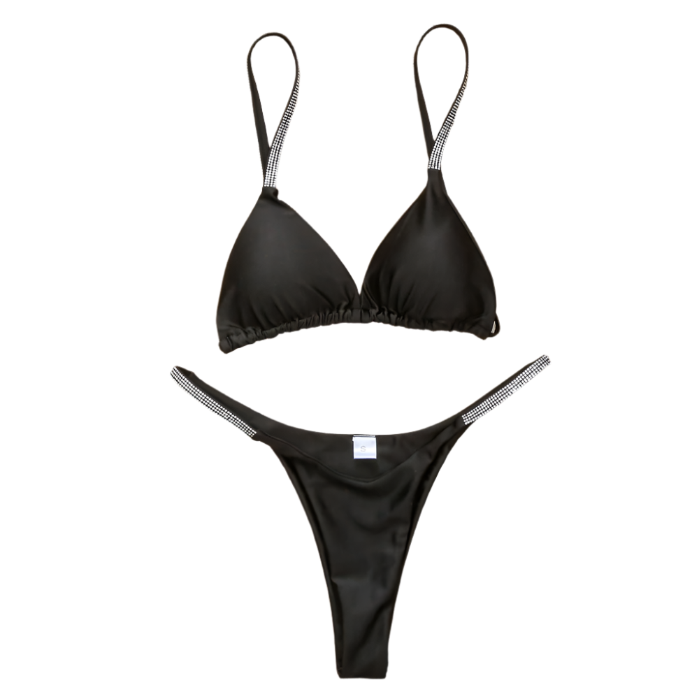 Bikini Set: Three bikini sets in pink, white, and black. Each features a triangle top and matching bottoms with sparkling straps, creating a sleek and stylish beachwear look.

