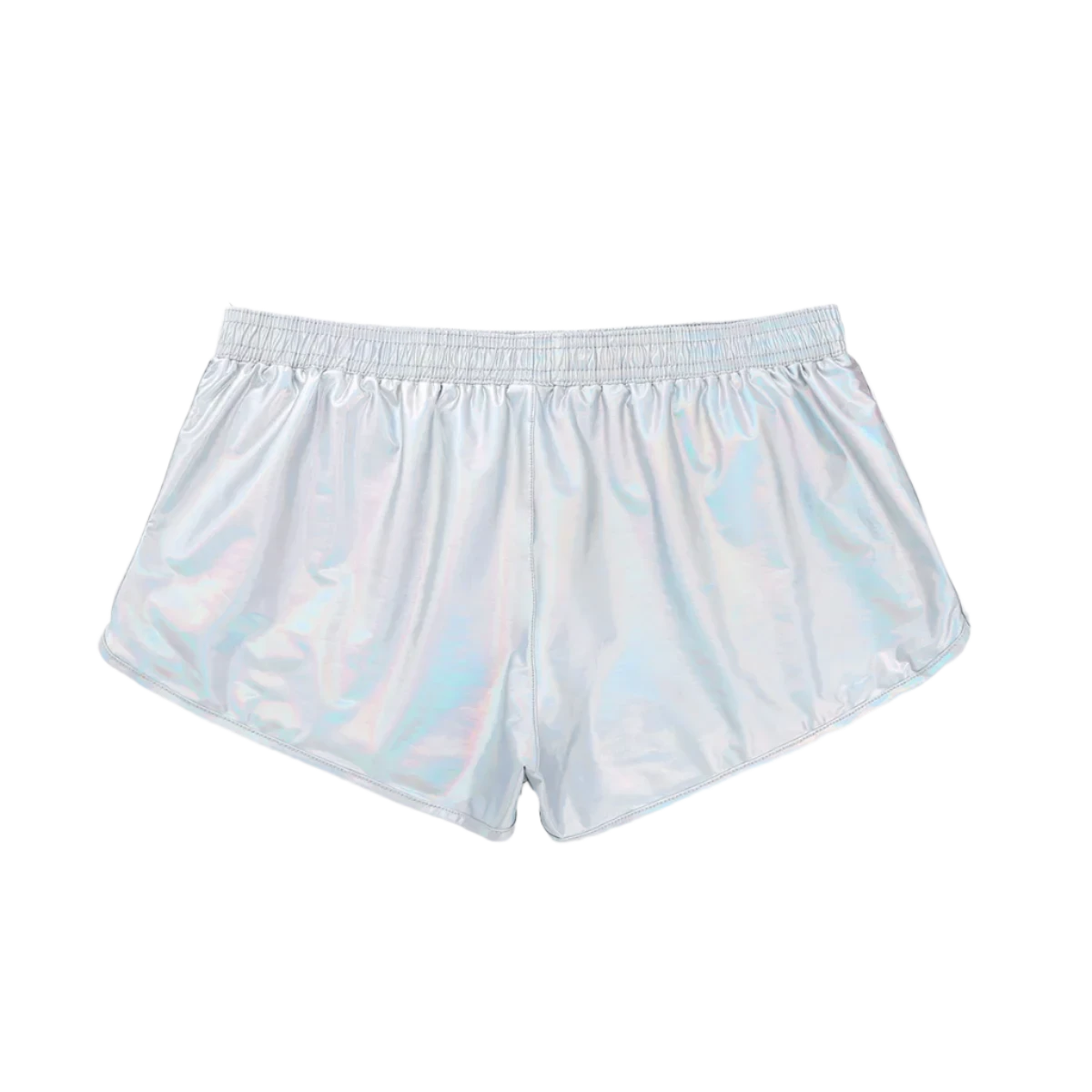 Shiny, reflective shorts with an elastic waistband and a small logo patch, offering a futuristic look.