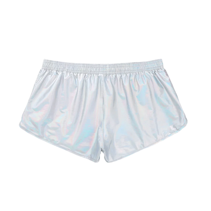 Shiny, reflective shorts with an elastic waistband and a small logo patch, offering a futuristic look.