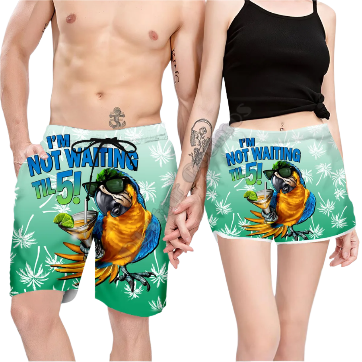 Couples Matching Parrot Beach Shorts featuring vibrant tropical design, perfect for adult resort theme nights