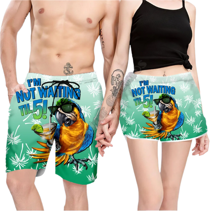 Couples Matching Parrot Beach Shorts featuring vibrant tropical design, perfect for adult resort theme nights