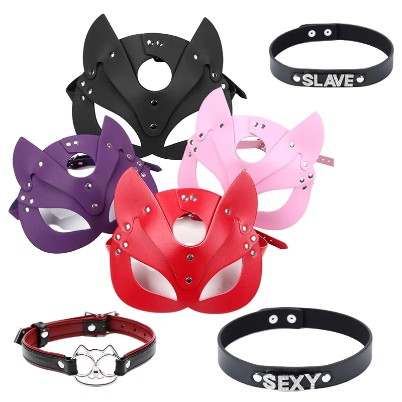 Collection of cat-themed masks and chokers in various colors on a white background.